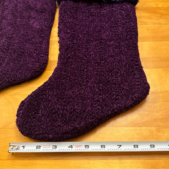Set Of 2 Purple Cable Knit Christmas Stockings Lined w/Blue Cuff - Picture 6 of 10